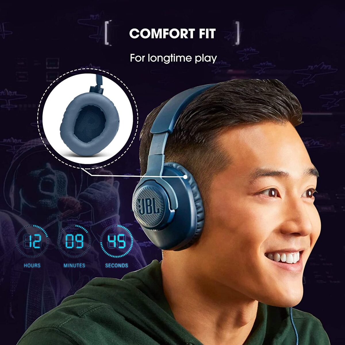 JBL Quantum 100 Wired Over-Ear Gaming Headset (Blue) - Image 4