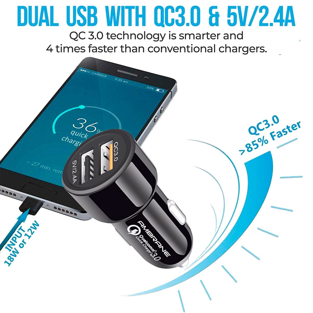 Ambrane 5.4A Dual USB Rapid Car Charger (Black) - Image 4