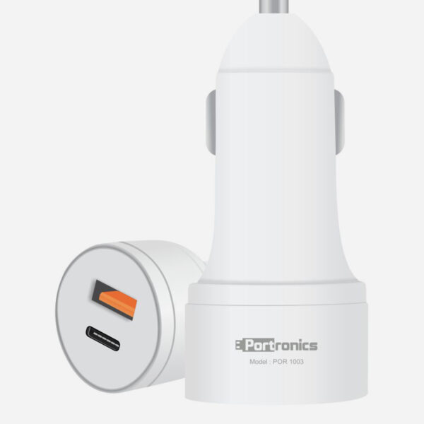 Portronics Car Charger Dual USB With Type -C Ports (White)